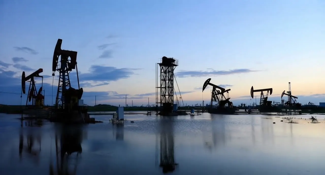 Balancines de bombeo petrolero al atardecer reflejados en el agua