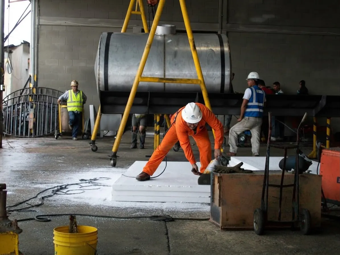 PPD staff assembling a metal tank in the workshop