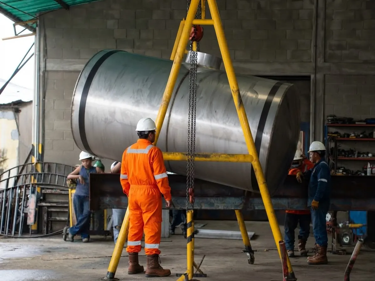 Lifting a tank shell with a gantry crane