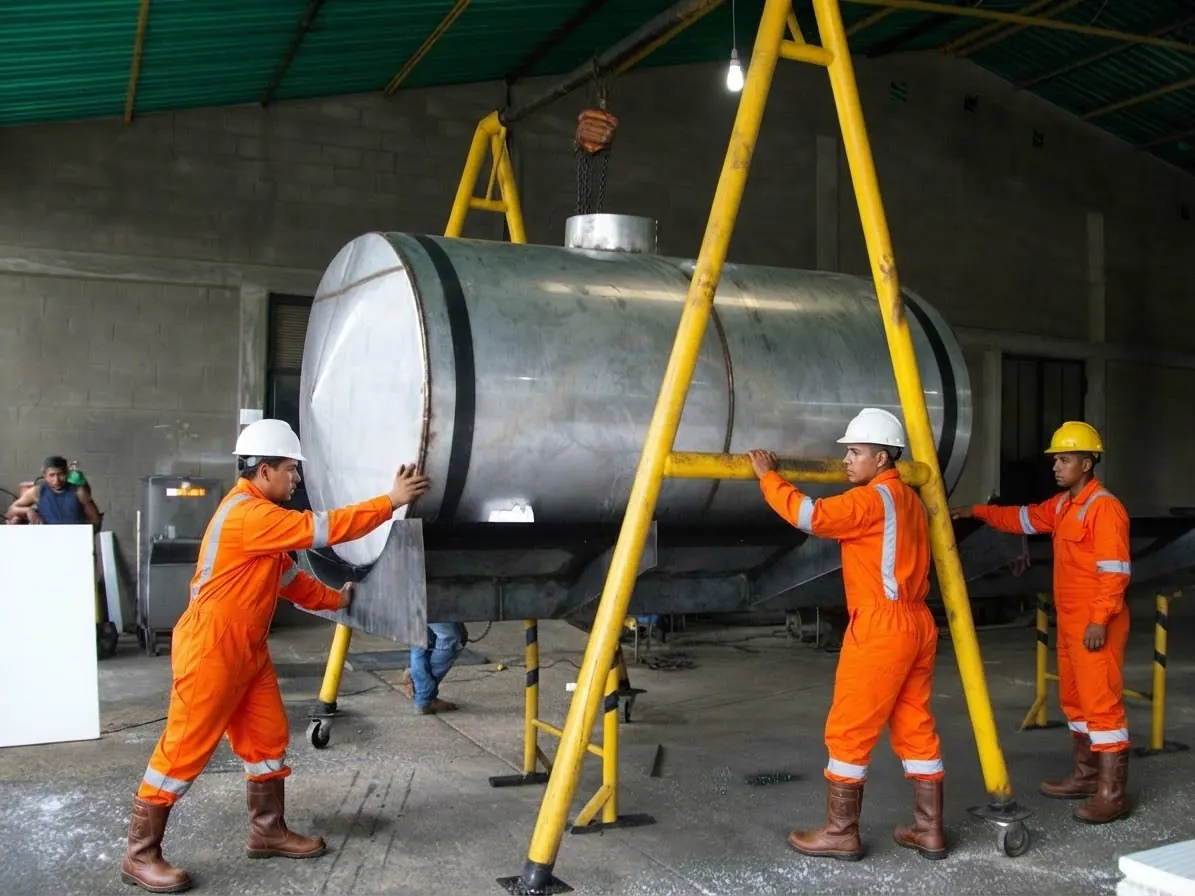 Crew positioning a steel tank with a gantry crane