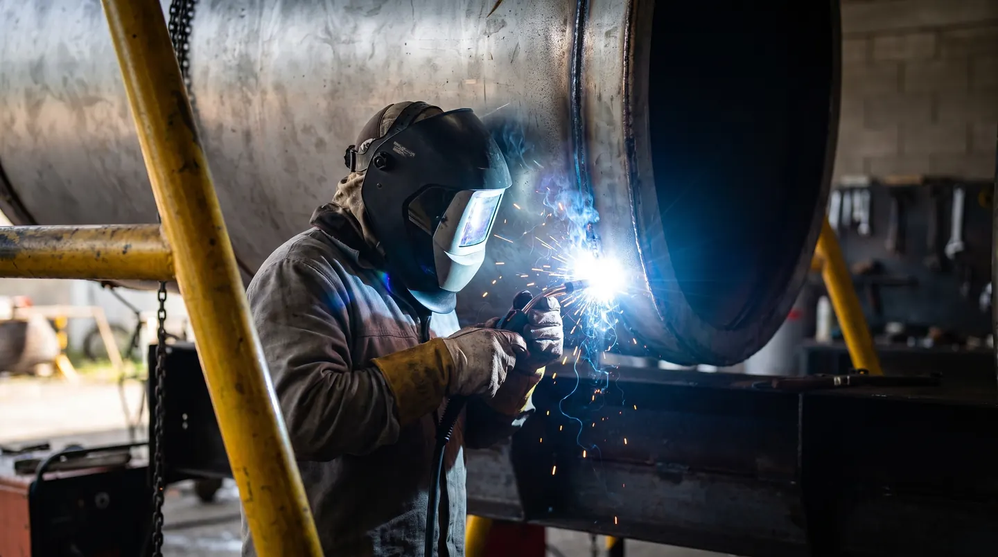 Welder in a helmet welding the opening of a steel tank