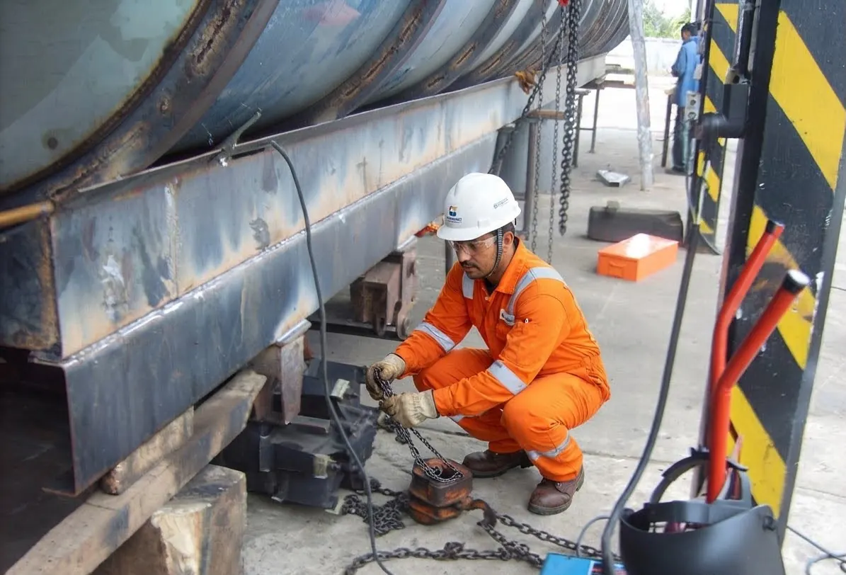 Welder working on a tanker chassis
