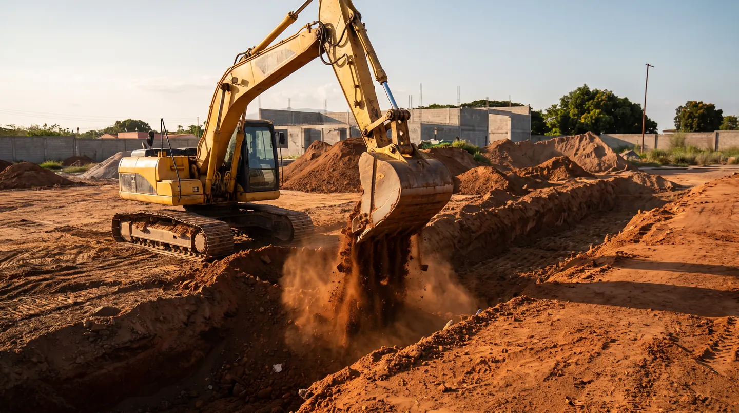 Excavator moving earth