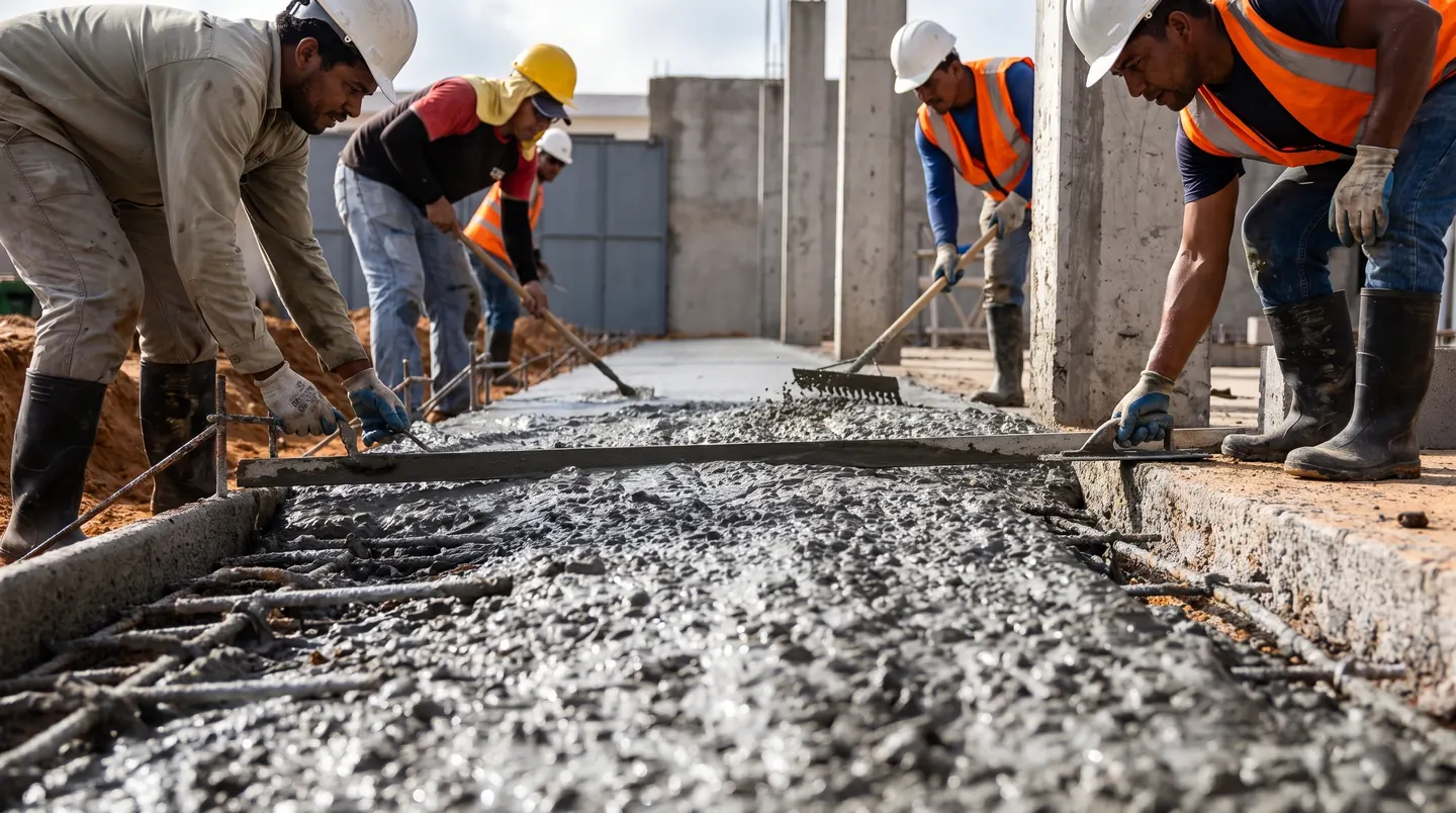Crew pouring concrete over reinforcing steel